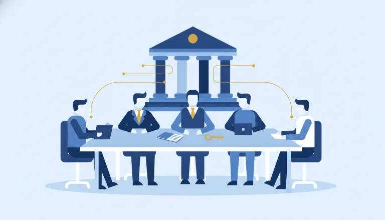 Table de réunion réunissant conseillers et dirigeants reliés à une banque